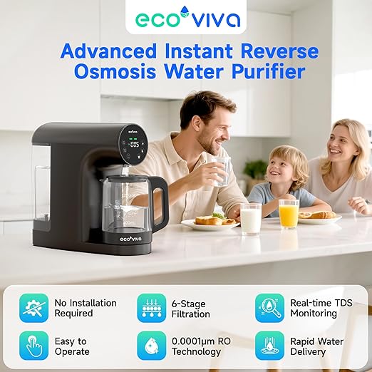 Ecoviva Countertop Reverse Osmosis Water Filter, 6 Stage RO Water Filtration System with Glass Carafe, TDS Displayr, 3:1 Pure to Drain, Portable No Installation Water Purifier Black-Ruum Studio Home