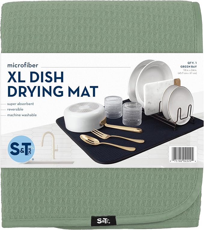 S&T INC. Dish Drying Mat XL, 18” x 24”, Absorbent Microfiber Kitchen Counter Mat, Dish Drying Pad for Dishes, Utensils, Pots and Pans, Extra Large, Sage Green-Ruum Studio Home