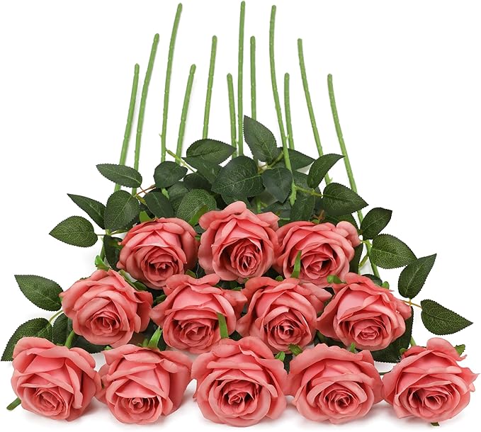 Pink Fake Roses Artificial Flowers - 10 Pcs Fake Artificial Roses Silk Flowers with Stems for Home Wedding Hotel Office Centerpiece Decor(Dusty Pink)-Ruum Studio Home
