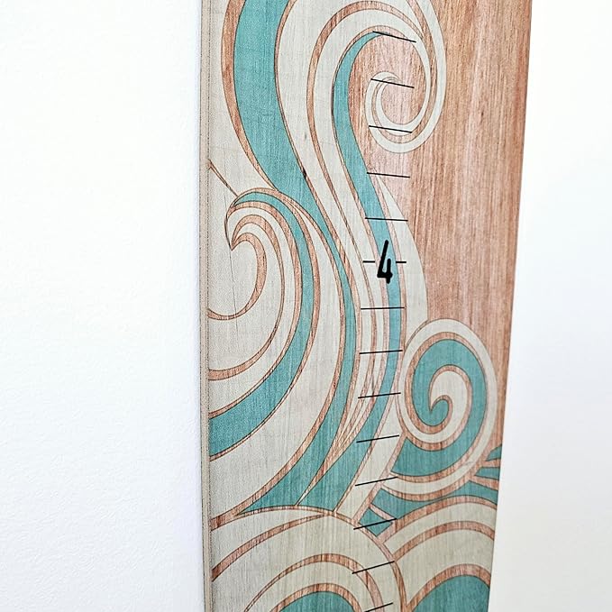 Wooden Surfboard Wall Decor Growth Chart - Surf Board Decor for Kids Room, Wooden Growth Chart for Wall, Surfboard Wall Art, Surfboards for Decoration - Teal Wave (9.5"x 45")-Ruum Studio Home