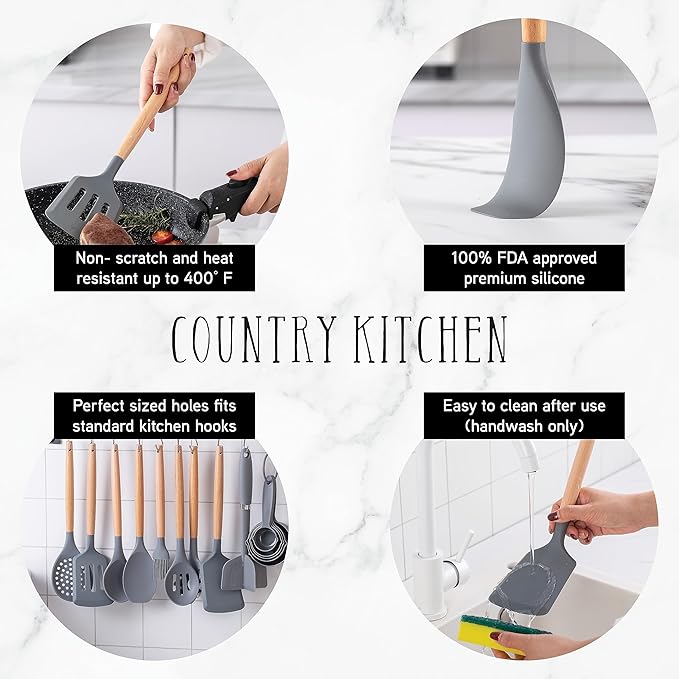 Country Kitchen Non Stick Silicone Utensil Set with Rounded Wood Handles for Cooking and Baking, 38 Piece Set, Gray-Ruum Studio Home