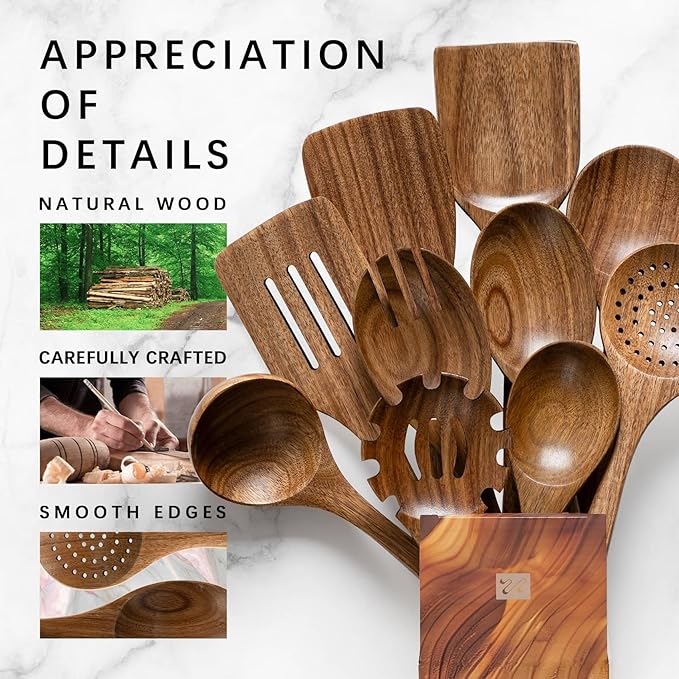 Wooden Spoons for Cooking, Nonstick Cooking Utensil Set with 10 Piece Acacia Wooden Spatulas and Spoons for Cooking, Terrific for Everyday Kitchen Tasks-Ruum Studio Home