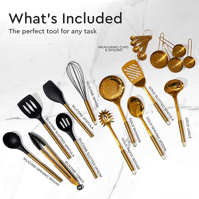 Black and Gold Kitchen Utensils Set - 19-PC Set Includes Stainless Steel and Silicone Cooking Utensils, Measuring Cups and Spoons - Black and Gold Kitchen Accessories for Stylish Cooking & Serving-Ruum Studio Home