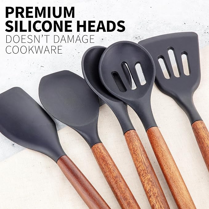 Zulay Kitchen Non-Stick Cooking Utensils Set with Authentic Acacia Wood Handles – 5-Piece Durable & Stylish Silicone Kitchen Utensils Set – Heat Resistant to 464°F – Black-Ruum Studio Home