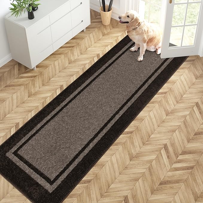 PURRUGS Dirt Trapping Door Mat 24" x 84", Non-Slip/Skid Machine Washable Entryway Rug, Shoes Scraper, Area Rug, Super Absorbent Welcome Mat for Muddy Wet Shoes and Paws, Grayish Brown & Coffee-Ruum Studio Home