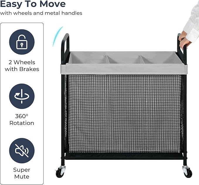 STO STO Laundry Hamper 3 Section, 120L Rolling Laundry Sorter Cart with Removable and Washable Liner Bag, Rolling Clothes Hamper with Metal Handle for Laundry Room and Bedroom, Gray-Ruum Studio Home