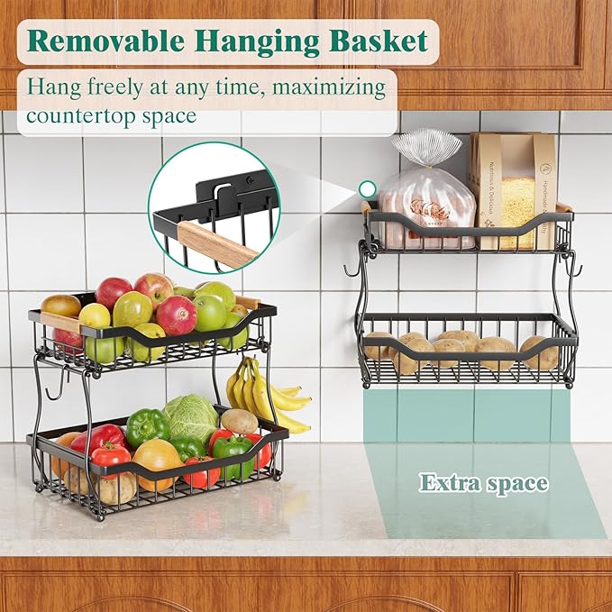 Giwil 2 Tier Countertop Fruit Basket for Kitchen, Vegetable Storage Bread Fruit Bowl Stand with 2 Banana Hangers, Wall Mounted Metal Wire Basket Organizer for Potato Onion, Black-Ruum Studio Home