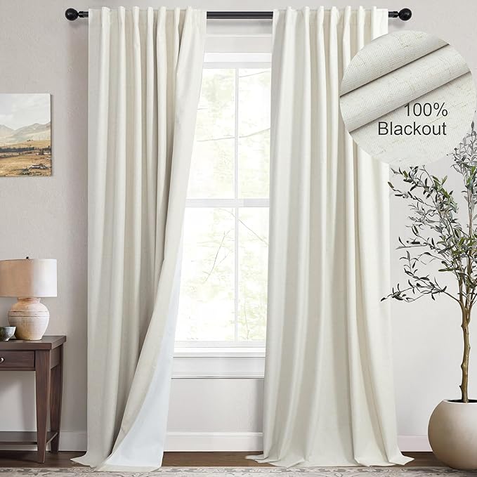 Cream Linen Boho Blackout Curtains 90 Inches Long Length 2 Panel Set Sliding Glass Door Sun Heat Blocking Curtain for Bedroom Living Room Darkening Insulating Drape Country Style Farmhouse Cottagecore