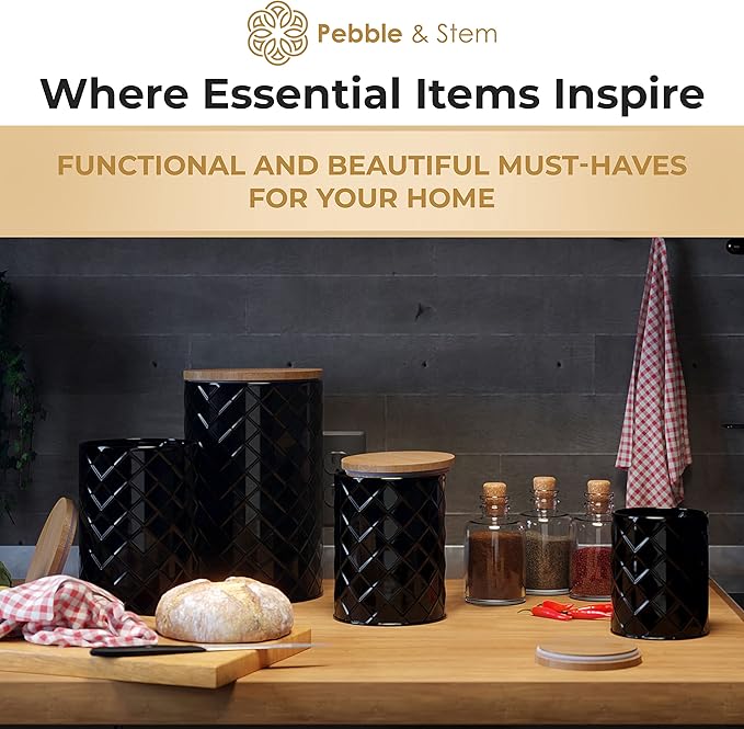Pebble & Stem® Black Metal Canister Set for the Kitchen Counter, Food Canister Set of 4, Airtight Lids, Sugar and Flour Containers for Countertops, Coffee and Tea Storage, Farmhouse Decor-Ruum Studio Home