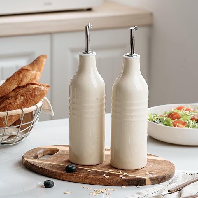 famiware Jupiter 16oz Ceramic Olive Oil Dispenser Bottle, Olive Oil and Vinegar Dispenser Bottle Set of 2 with Stainless Steel Pourers, Suitable for Storage Vinegar, Liquids, Vanilla White-Ruum Studio Home