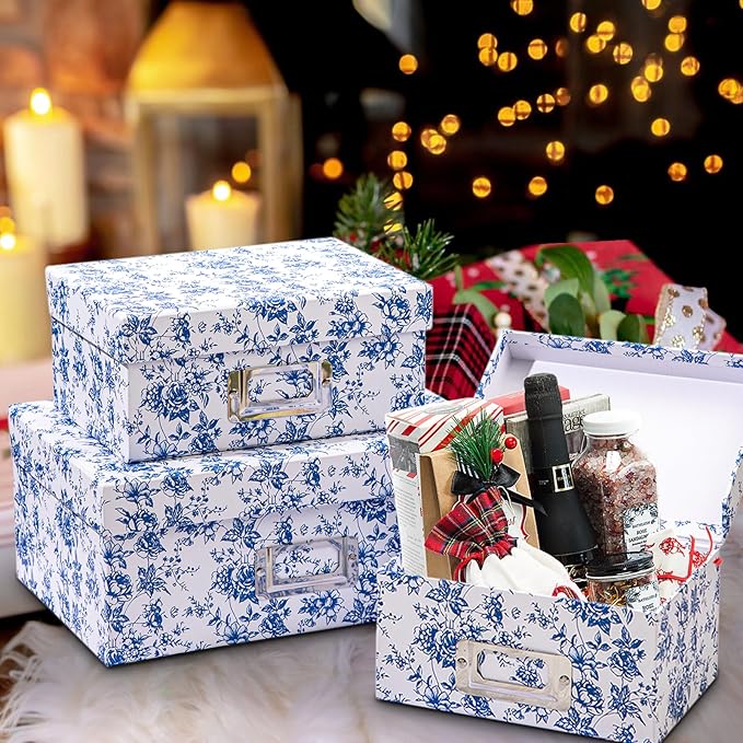 Briful Blue and white Porcelain Storage Boxes, Photos Storage Boxes with Lids 4 in 1 Set Water-proof Gift Boxes Sets Decorative Multiple Size Storage Bins for Clothes/Shoes/Office/Cosmetic/Books-Ruum Studio Home