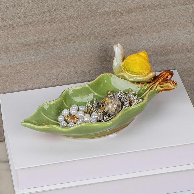 Jewelry Tray Snail Trinket Organizer Ceramic Leaf Tray Decorative Desk Storage Plate for Rings Earrings Necklaces Watch Coins Keys, Snail Soap Dish Holder, Key Bowl, Candy Dish (Green)-Ruum Studio Home