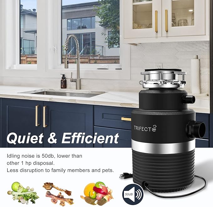 Trifecte Series 1 HP Continuous Feed Garbage Disposal with Sound Reduction, Power Cord, Stainless steel Flange,Splash Guard, Wrench Included, Black-Ruum Studio Home