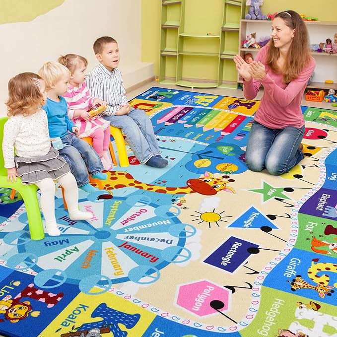 Kids Rugs for Playroom Washable, Educational and Fun Learning Rugs with ABC Alphabet Animals Shapes, Baby Toddler Children's Play Mat for Bedroom Classroom Nursery, 5x7 Feet, Blue-Ruum Studio Home