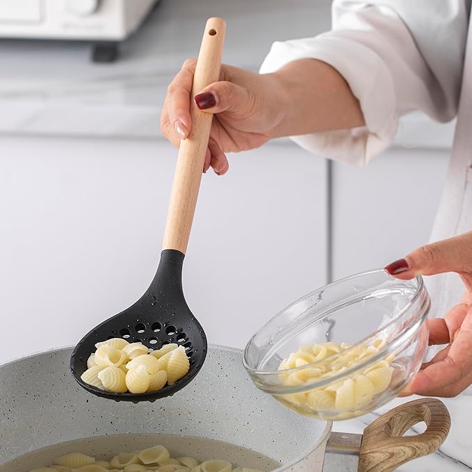Country Kitchen Non Stick Silicone Utensil Set with Rounded Wood Handles for Cooking and Baking, 14 Piece Set, Black-Ruum Studio Home