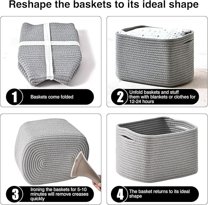 Small Storage Baskets for Shelves Organizing, Woven Cotton Rope Baskets for Storage, Book Basket, Decorative Shelf Basket, 12.5"Lx9.1''Wx7.9''H (4 Packs) Grey-Ruum Studio Home