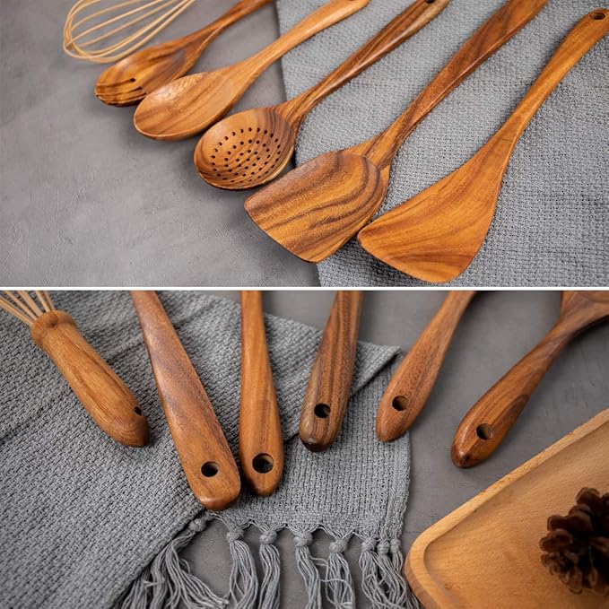 AIUHI 10 Pack Wooden Spoons for Cooking, Teak Wood Kitchen Utensils Set for Non Stick Use, Spatula Set for Stirring, Baking, Non Stick Wooden Utensils for Kitchen-Ruum Studio Home