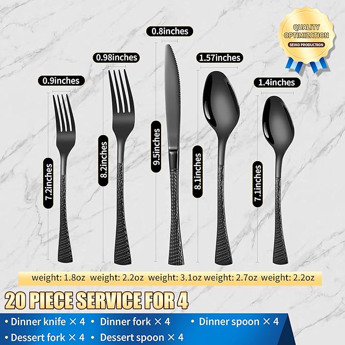 Hammered Black Silverware Set,20 Piece Modern Flatware Set Service for 4,Mirror Polished Stainless Steel Cutlery Set Utensil Set Tableware Set,Kitchen Knives Forks Spoons Set,Dishwasher Safe-Ruum Studio Home