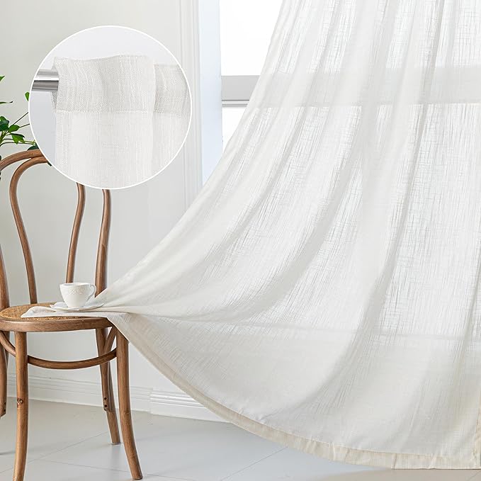 MYSKY HOME Natural Linen White Curtains 84 Inches Long, Semi Sheer Soft Cotton Window Drapes Set for Living Room Back Tab Elegant Cute Look Country Bedroom Curtains, 50" x 84", Beige, Pack-2-Ruum Studio Home