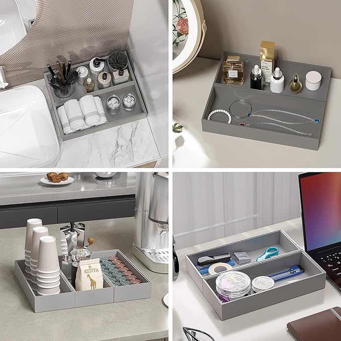 Kitchen Drawer Organizer Bins, Stackable Bamboo Drawer Organizer for Silverware, 2 Pcs Toilet Paper Basket Holder, Wood Bathroom Tray Countertop, Toilet Tank Tray Silver 15" x 6" x 2.5"-Ruum Studio Home