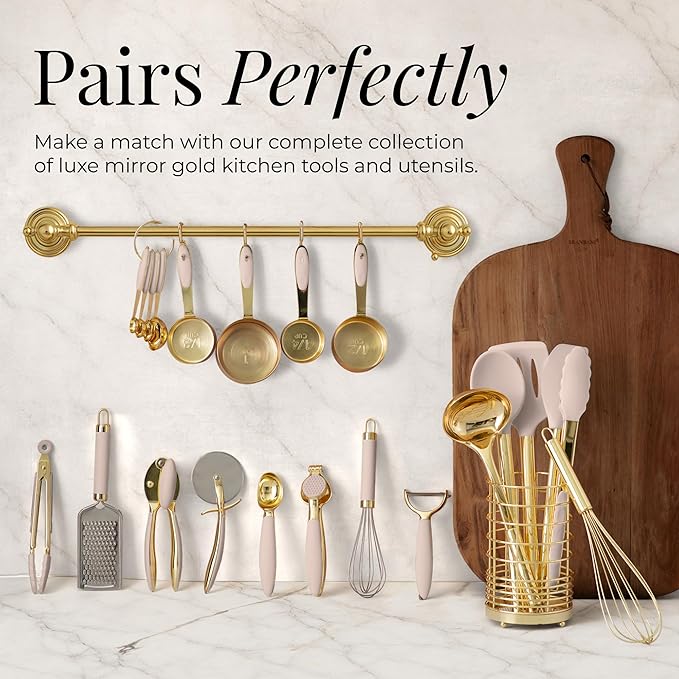 Gold and Beige Kitchen Utensils Set – 8 PC Cooking Gadgets with Mini Gold Whisk and Tongs, Pizza Cutter, Garlic Press, Cheese Grater, Peeler, Can Opener, Scoops – Stylish Beige Kitchen Accessories-Ruum Studio Home