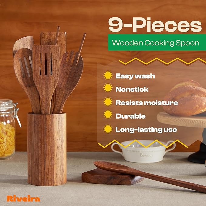 Riveira Teak Wooden Spoons for Cooking Set of 9 – Natural Teak Wooden Cooking Utensils, Wooden Spatula, Wooden Spoon - Premium Quality Wooden Utensil Set for Non-Toxic Cooking-Ruum Studio Home