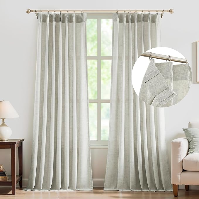 FMFUNCTEX Pinch Pleated Curtains 84 Inches Long for Living Room,Cream Beige Semi Sheer Faux Linen Textured Pleat Drapes for Bedroom with Hooks, Light Filtering Farmhouse Window Drapes 2 Panels-Ruum Studio Home