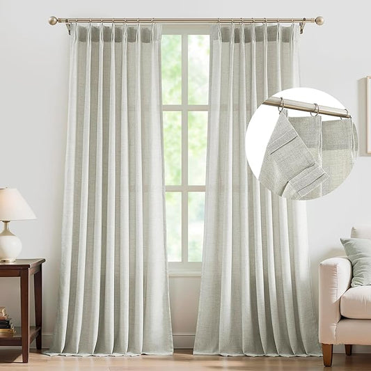 FMFUNCTEX Pinch Pleated Curtains 84 Inches Long for Living Room,Cream Beige Semi Sheer Faux Linen Textured Pleat Drapes for Bedroom with Hooks, Light Filtering Farmhouse Window Drapes 2 Panels-Ruum Studio Home