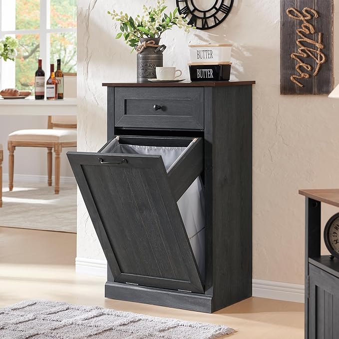 Tilt Out Laundry Hamper Cabinet, 10 Gallon Farmhouse Trash Can Cabinet with Drawer, Hidden Wood Garbage Can Bin Cabinet with Laundry Storage Basket for Bathroom, Kitchen, Dark Grey-Ruum Studio Home