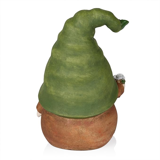 Alpine Corporation QWR1442 Outdoor Gnome with Green Hat Holding a Flower for Garden, Patio, and Lawn, 10" H, Multicolor-Ruum Studio Home
