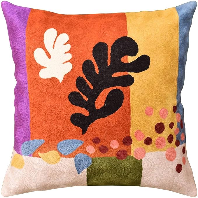Matisse Coral Pillow Cover | Orange Modern Pillows | Modern Chair Cushion| Farmhouse Pillows | Flower Outdoor Pillow | Mid Century Chair Cushion | Hand Embroidered Wool Size 18x18-Ruum Studio Home