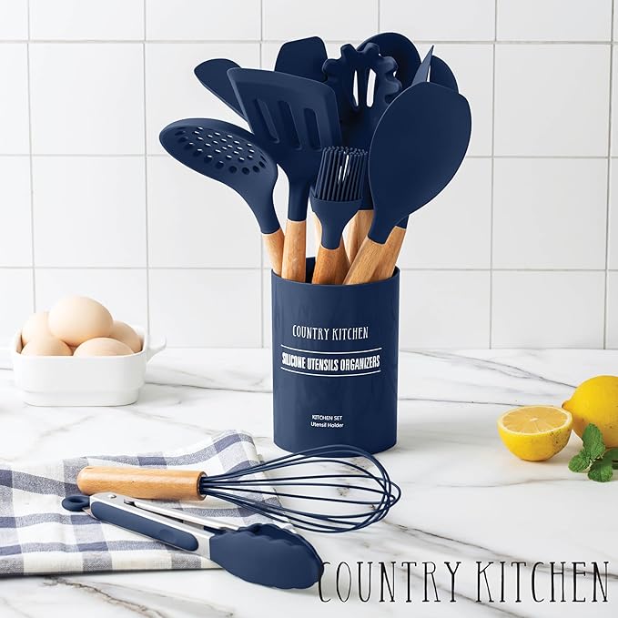 Country Kitchen Non Stick Silicone Utensil Set with Rounded Wood Handles for Cooking and Baking, 14 Piece Set, Navy-Ruum Studio Home