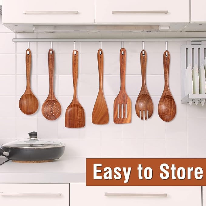 9 Piece Natural Teak Wooden Kitchen Utensil Set with Spoon Rest - Comfort Grip Cooking Spoons and Utensils Holder-Ruum Studio Home