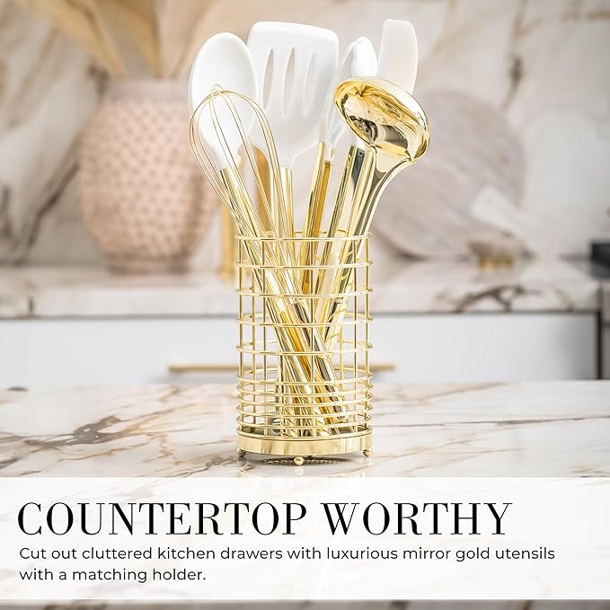 Styled Settings White and Gold Kitchen Utensils Set - 15-Piece BPA free, Non-Scratch, Utensils Set Includes White Silicone Cooking Utensils and Measuring Cups and Spoons-Ruum Studio Home