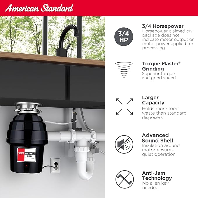 American Standard 10-US-AS-7 Garbage Disposal Anti-Jam Stainless Steel Food Waste Grinding System, Heavy Duty, 3/4 HP, Black-Ruum Studio Home
