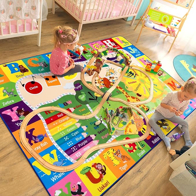 7x10 Playroom Rugs for Kids Washable, Educational and Fun Playmat with ABC Alphabet Animals Shapes Colors, Non-Slip Play Mat Learning Rugs for Baby Toddler Children Game Activity-Ruum Studio Home
