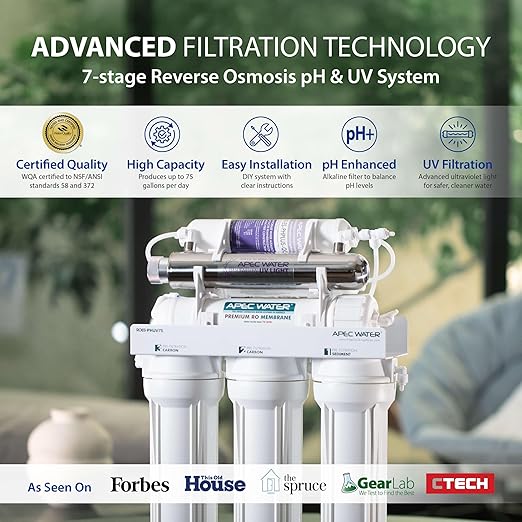 APEC Water System ROES-PHUV75 Essence Series Top Tier Alkaline Mineral pH+ and UV Ultra-Violet Sterilizer 75 GPD 7-Stage Ultra Safe Reverse Osmosis Drinking Water Filter System-Ruum Studio Home