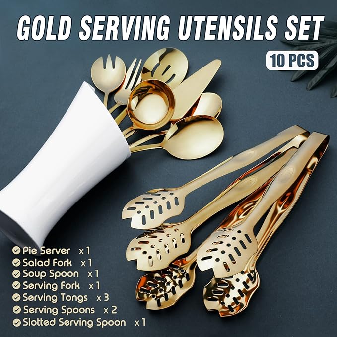 Gold Serving Utensils, OGORI 10-Piece Polished Stainless Steel Gold Serving Utensils Set Include Serving Spoons, Slotted Serving Spoon, Serving Tongs, Serving Fork, Salad Fork, Soup Ladle, Pie Server-Ruum Studio Home