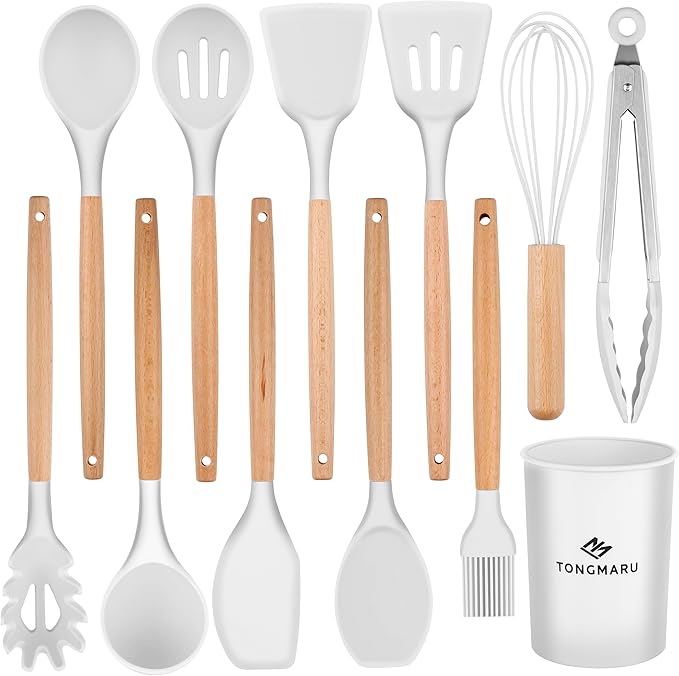 Silicone Cooking Utensils Set, Premium Beech Wood Handle Kitchen Gadgets Utensil Set, Non-Stick Kitchen Utensils Spatula, Tongs, Turner, Whisk, Brush, Spoon, BPA FREE, 446°F Resistant (White)-Ruum Studio Home