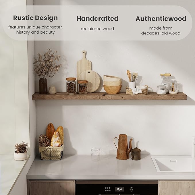 Solid Wood Floating Shelves, 8" Deep Rustic Reclaimed Barnwood Wall Hanging Floating Shelf with Invisible Heavy-Duty Metal Bracket | Wall Mounted | Farmhouse Style | 55 inches,1PC,Natural-Ruum Studio Home