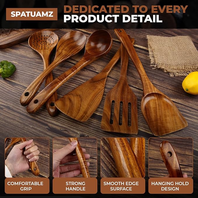 SPATUAMZ Wooden Cooking Spoons, Ladle and Spatula, Fine Polished Teak Wood Cooking Utensils Set of 6, Nonstick Wooden Kitchen Spoon & Spatula Set-Ruum Studio Home