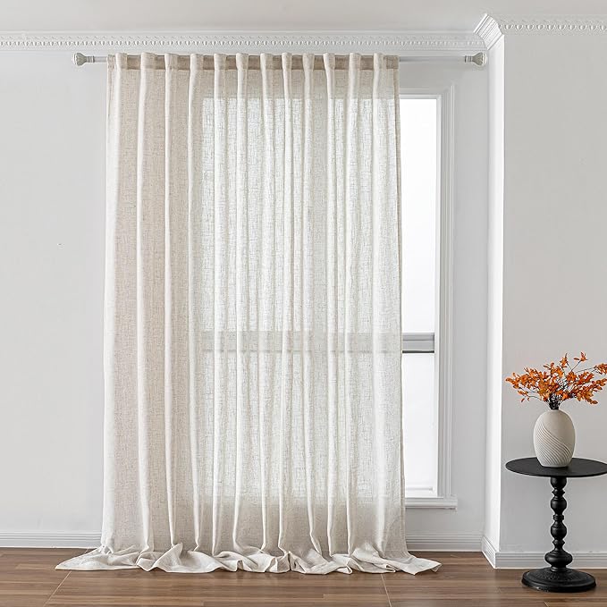 MYSKY HOME Linen Curtains 95 Inches Long for Sliding Glass Door, Farmhouse Semi Sheer Ceiling Curtains Living Room Light Filtering Back Tab Elegant Style Soft Fabric, 100" x 95", Linen, 1 Panel-Ruum Studio Home