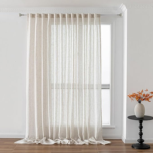 MYSKY HOME Linen Curtains 95 Inches Long for Sliding Glass Door, Farmhouse Semi Sheer Ceiling Curtains Living Room Light Filtering Back Tab Elegant Style Soft Fabric, 100" x 95", Linen, 1 Panel-Ruum Studio Home