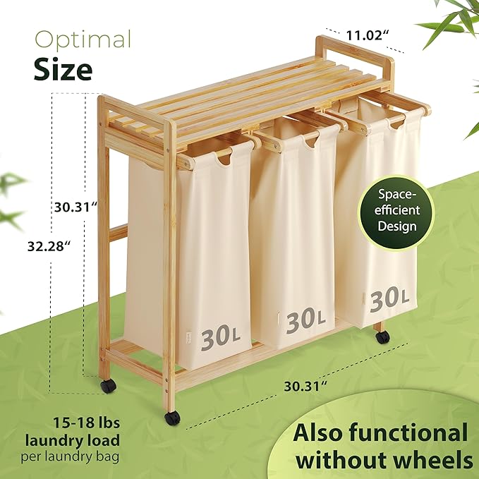 Laundry basket with wheels beige - Large Bamboo Laundry Sorter with Removable Cotton Bags - 3 Section laundry room organization - Durable, Eco-Friendly, and Stylish Storage Solution for Home-Ruum Studio Home
