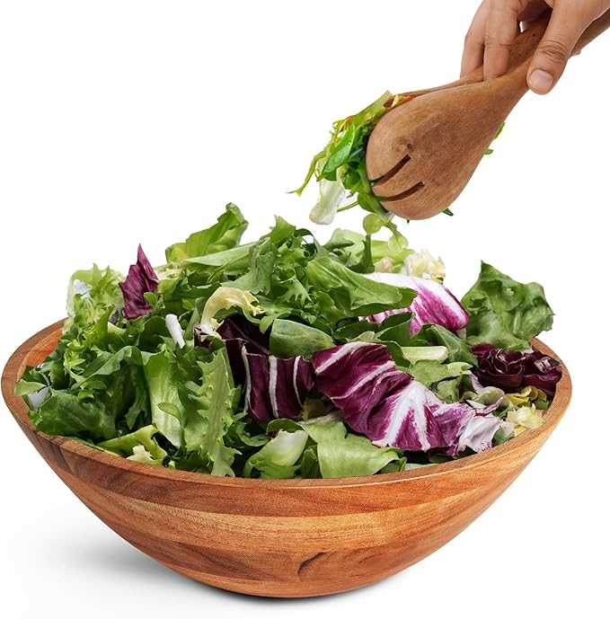 Luxe Designs Wooden Salad Bowl Set - Food Safe & Sustainable Decorative Bowl - Wood Bowl for Fruits, & Salads - Easy to Clean Large Salad Bowls Set w/Spoon, Fork – Wooden Bowls for Food (Natural)-Ruum Studio Home