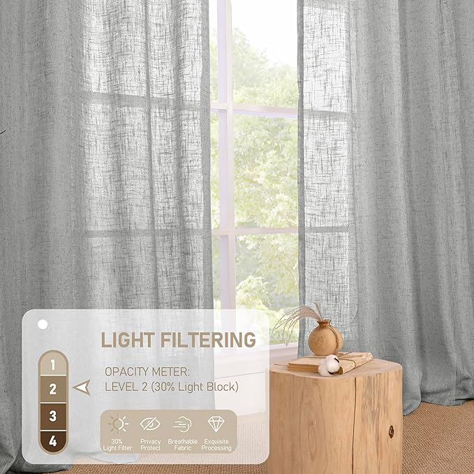 LAMIT Grey Linen Curtains 95 inch for Living Room, Semi Sheer Light Filtering Boho Window Textured Burlap Drapes with Bronze Grommet for Bedroom Farmhouse, 2 Panels Set, 52 x 95 Inch-Ruum Studio Home