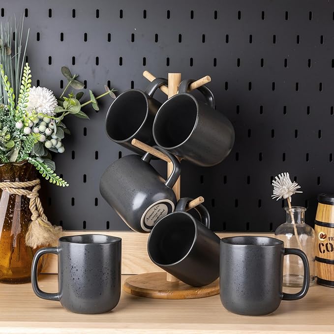 AmorArc 14oz Coffee Mugs Set of 6, Ceramic Coffee Mugs with Large Handle & Wavy Rim for Latte/Hot Cocoa/Tea, Stylish Coffee Cups for Men Women. Oven,Dishwasher&Microwave Safe, Dark Gray-Ruum Studio Home