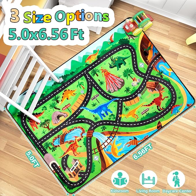 Kids Rug, Car Carpet for Kids' Toy Cars, 5x7 Ft Dinosaur Rug, Dino Safari Road Mat for Playroom, Educational Learning & Game Area Baby Play Mat Carpet for Children-Ruum Studio Home