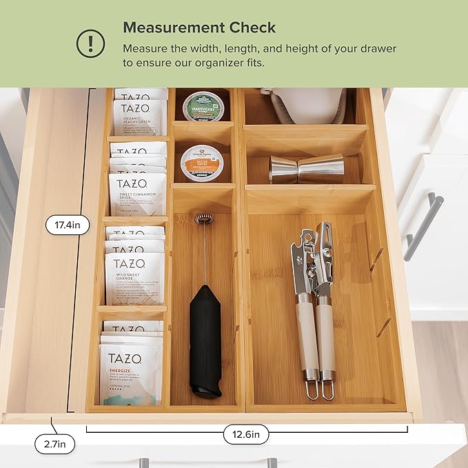 Premium Utensils and Tea Bag Drawer Organizers – 14-Compartment Design with Removable Dividers, Non-Slip Feet, 100% Sustainable Bamboo, 2 Pack-Ruum Studio Home