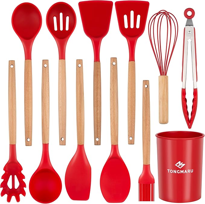 Silicone Cooking Utensils Set, Premium Beech Wood Handle Kitchen Gadgets Utensil Set, Non-Stick Kitchen Utensils Spatula, Tongs, Turner, Whisk, Brush, Spoon, BPA FREE, 446°F Resistant (Red)-Ruum Studio Home